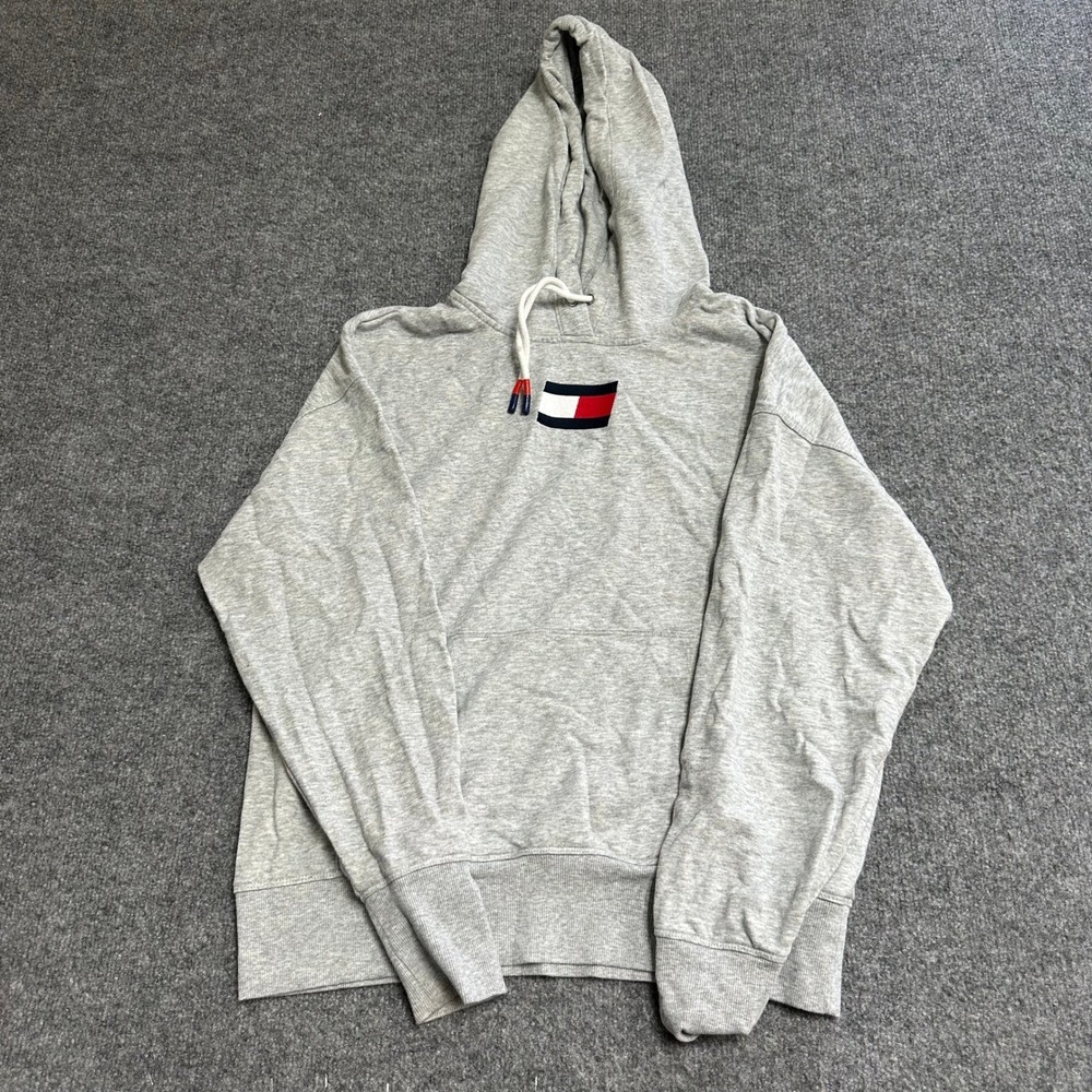 Tommy Hilfiger Hoodie Womens Size M Grey Sport Logo Pullover Long Sleeve Casual
